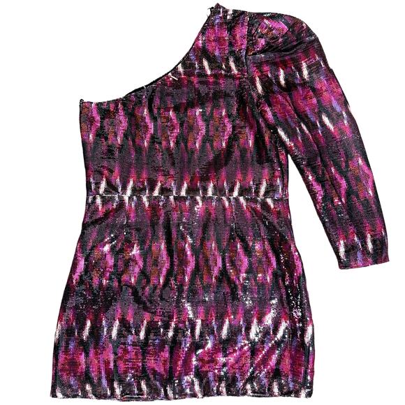 Misa Los Angeles  Nova One-Shoulder Sequin Minidress - Large Fuchsia Ikat $370 - Picture 4 of 11